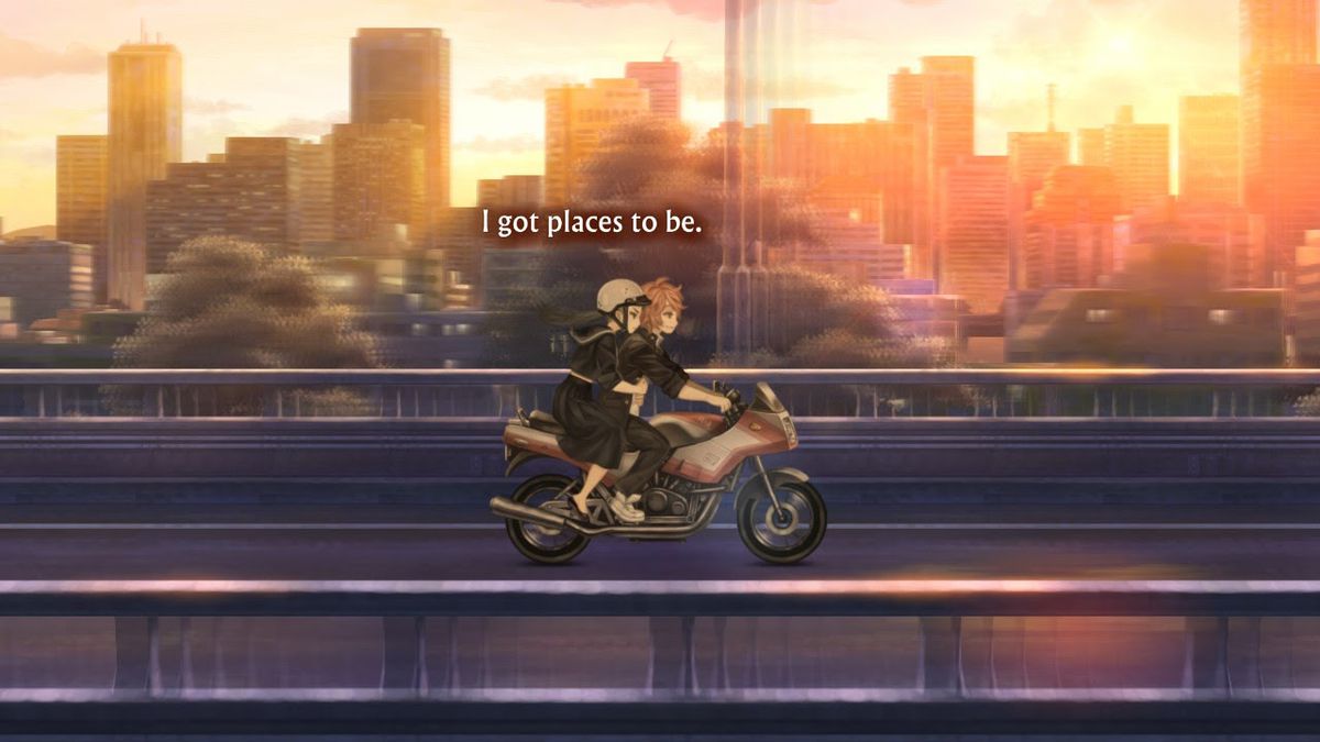 Due amici guidano una moto nel Giappone degli anni '80 in 13 Sentinels: Aegis Rim su Switch