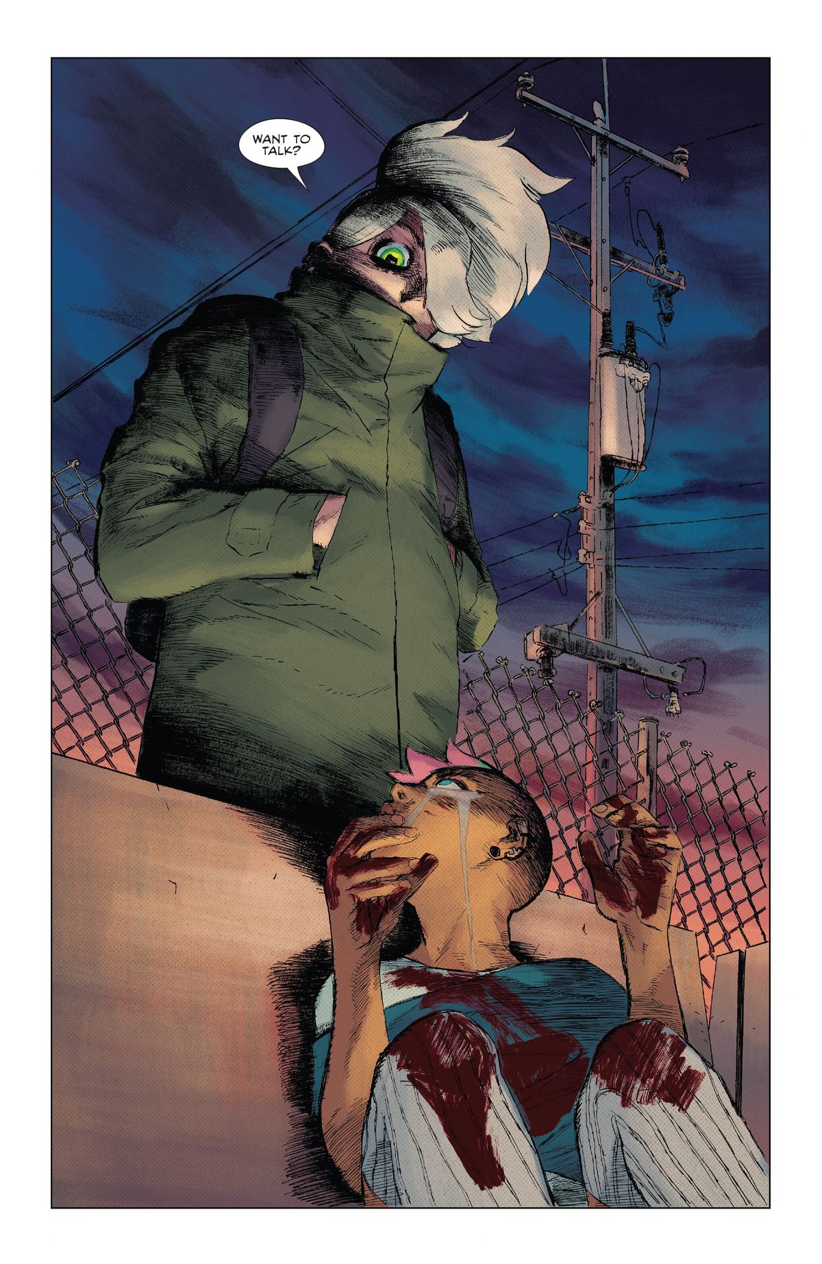 Erica, l'eroina cacciatrice di mostri tosta di Something is Killing the Children, si trova sopra un bambino con il sangue sulla maglietta e sui pantaloni e chiede