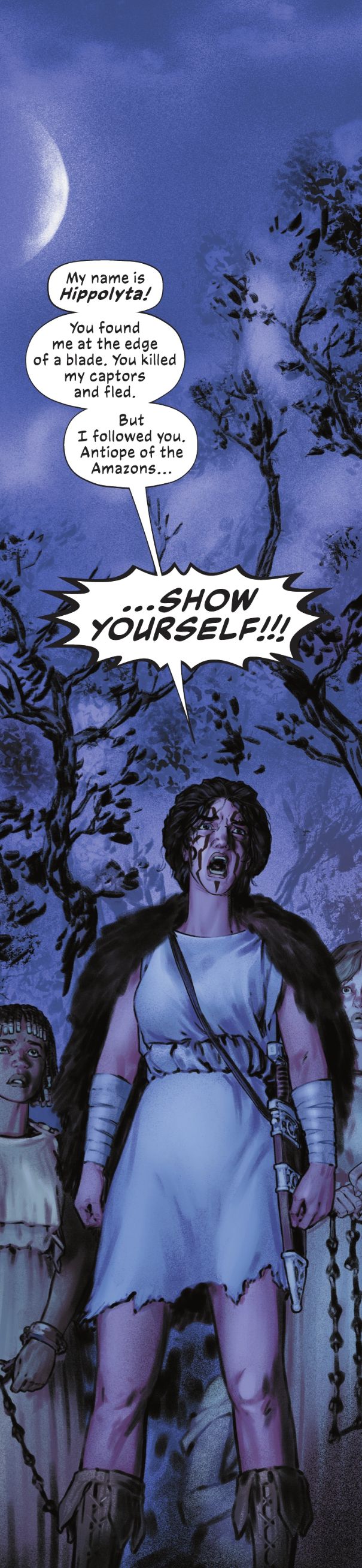 Ippolita piange affinché l'Amazzone Antiope si mostri, come osservano le dee Artemide ed Era. Sono raffigurati sotto forma di nuvole e rami di alberi in Wonder Woman Historia: The Amazons # 2 (2022).