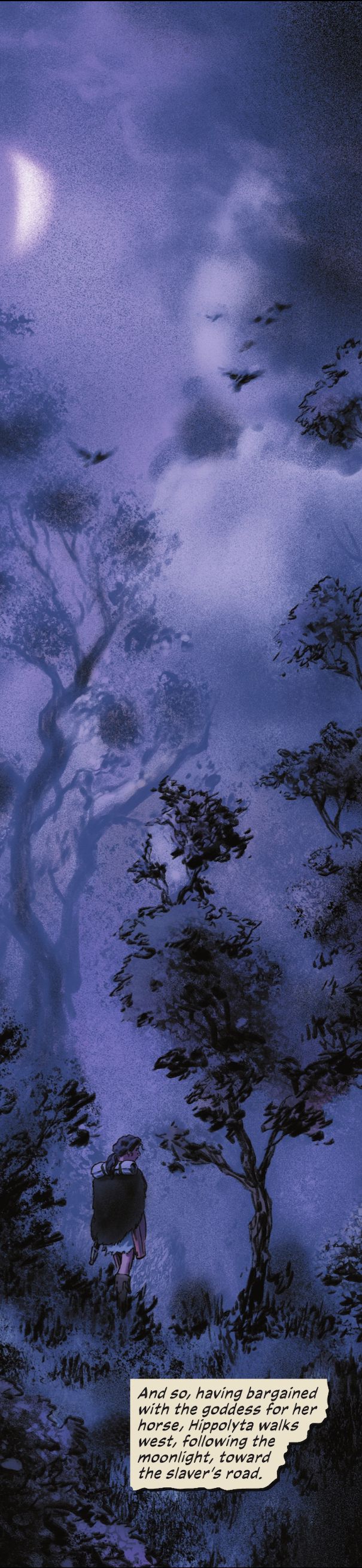 Ippolita vaga per le terre selvagge, sorvegliata da Artemide ed Era, che sono rappresentate nelle forme di nuvole, rami di alberi e uccelli in volo in Wonder Woman Historia: The Amazons #2 (2022).