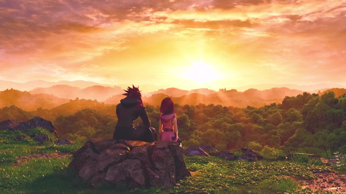 Axel e Kairi guardano insieme un tramonto in Kingdom Hearts 3