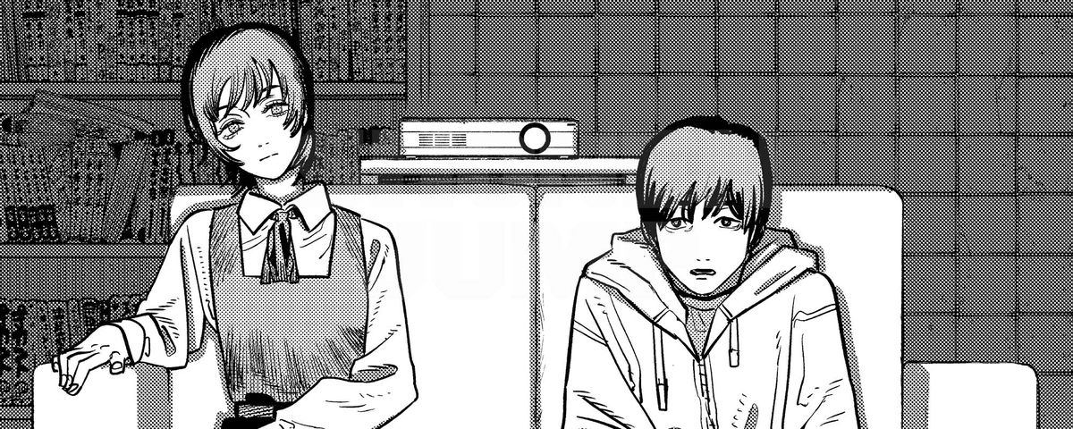 un fumetto che mostra due studenti delle scuole superiori seduti su un divano, che fissano con aria assente la telecamera in Goodbye, Eri