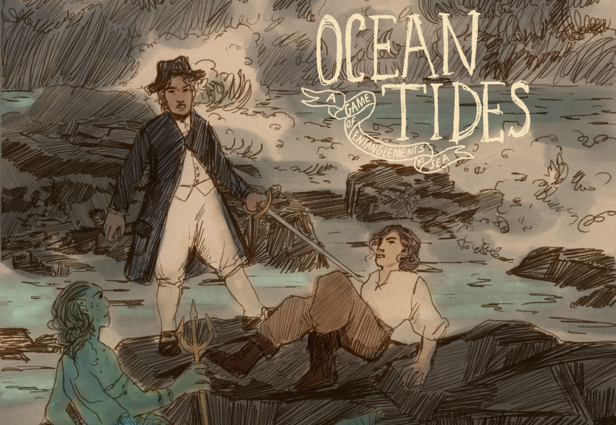 Un'illustrazione di un marinaio che punta una spada contro un'altra. Un tridente tiene un tridente, nell'angolo della cornice.