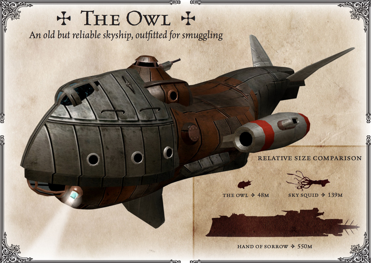 Un dirigibile in una grafica dall'aspetto antico. Viene mostrato rispetto alle dimensioni di una grande chiatta e di un calamaro gigante.