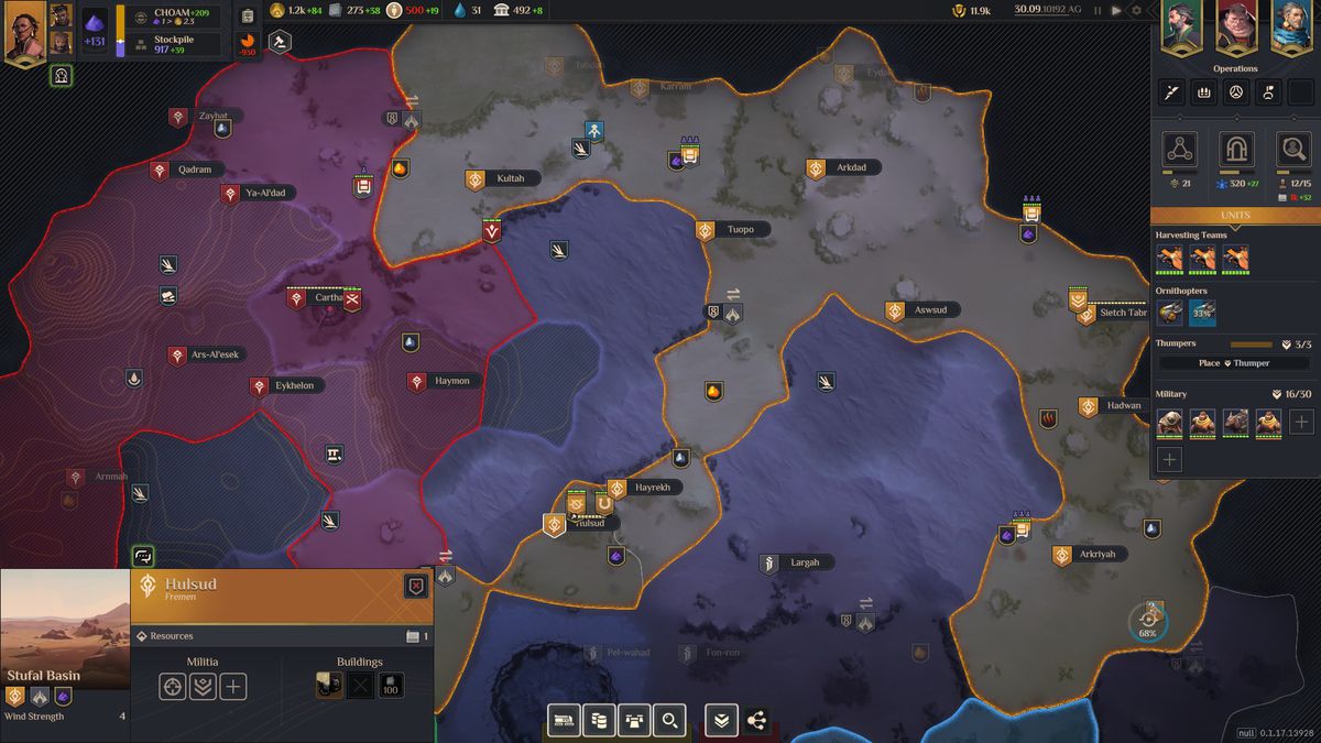 Una vista della mappa degli insediamenti su Arrakis in Dune: Spice Wars