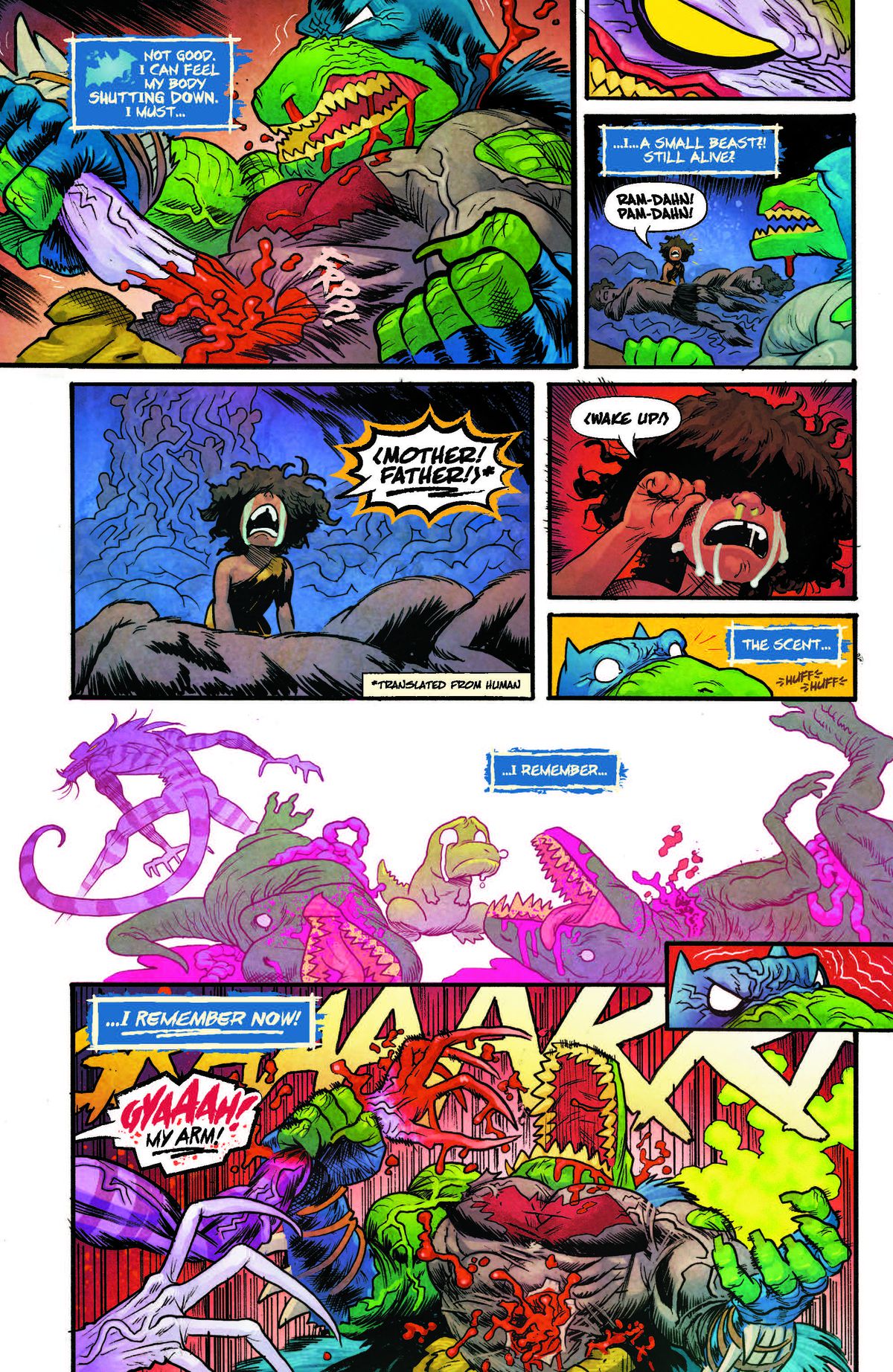 Nel bel mezzo della battaglia con Jokerzard, Batsaur vede un piccolo bambino umano che piange per i suoi genitori morti e ha un flashback sulla sua storia di origine. Il pannello raffigura due allosauri adulti eviscerati in modo raccapricciante e umoristico, con Jokerzard che sgattaiola via sullo sfondo. Un Batsaur molto piccolo e più da cartone animato siede tra i suoi genitori morti, piangendo enormi lacrime dai suoi enormi occhi carini.