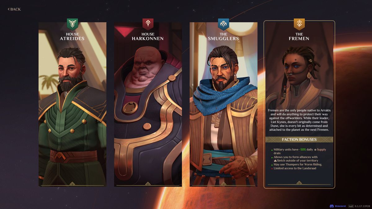 La schermata di selezione del leader in Dune: Spice Wars accesso anticipato