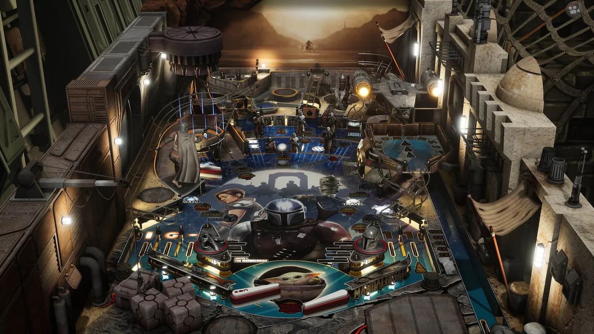 ripresa dall'alto della superficie di gioco su The Mandalorian, un tavolo progettato per Pinball FX da Zen Studios