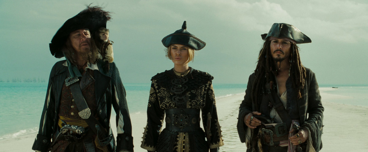 barbossa, elizabeth e jack sparrow stanno per negoziare