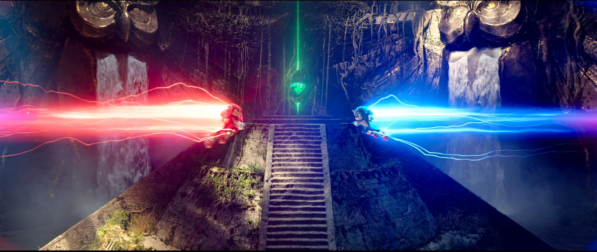 nocche e sonic si combattono. stanno per scontrarsi. e ci sono strisce di luce blu e rossa dietro ciascuna di esse.