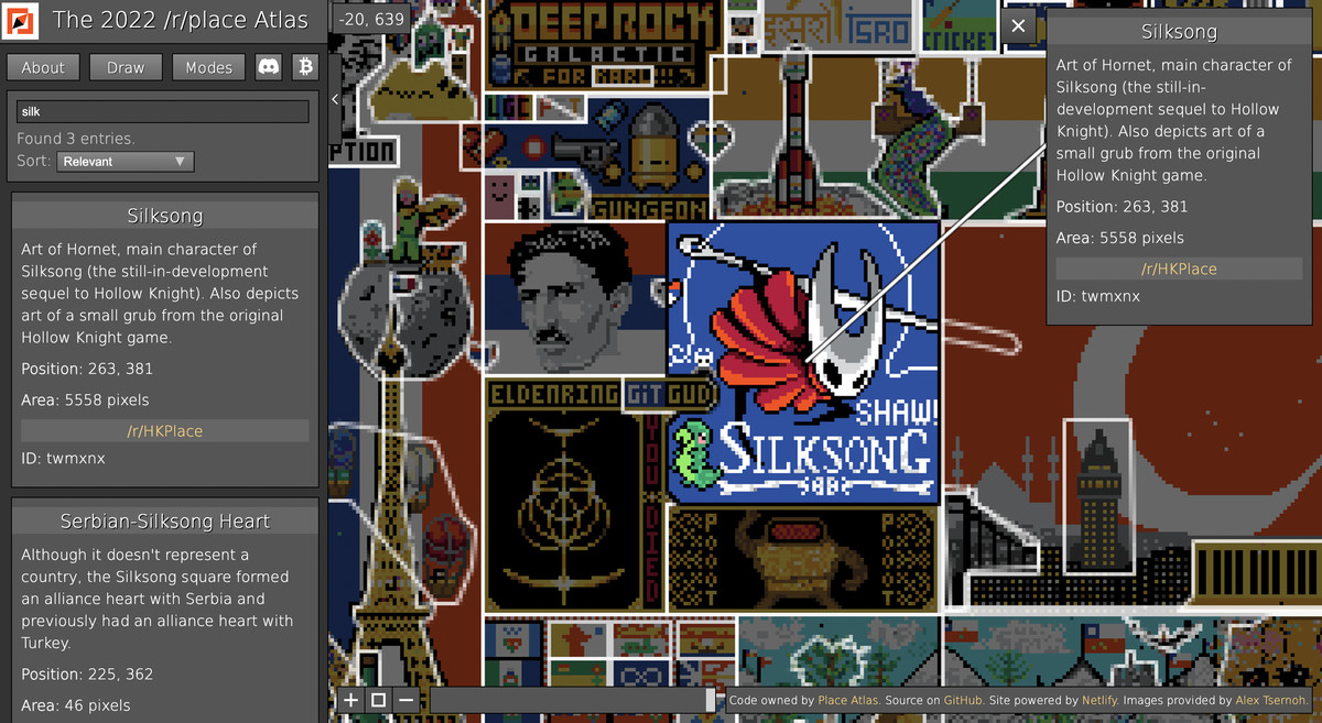 Uno screenshot da r/place Atlas, incentrato sull'Hornet di Silksong