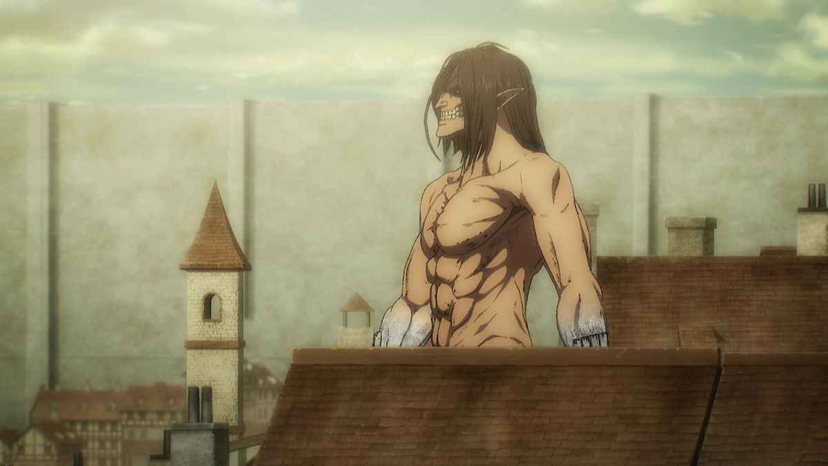 Un titano che cammina per una città in Attack on Titan