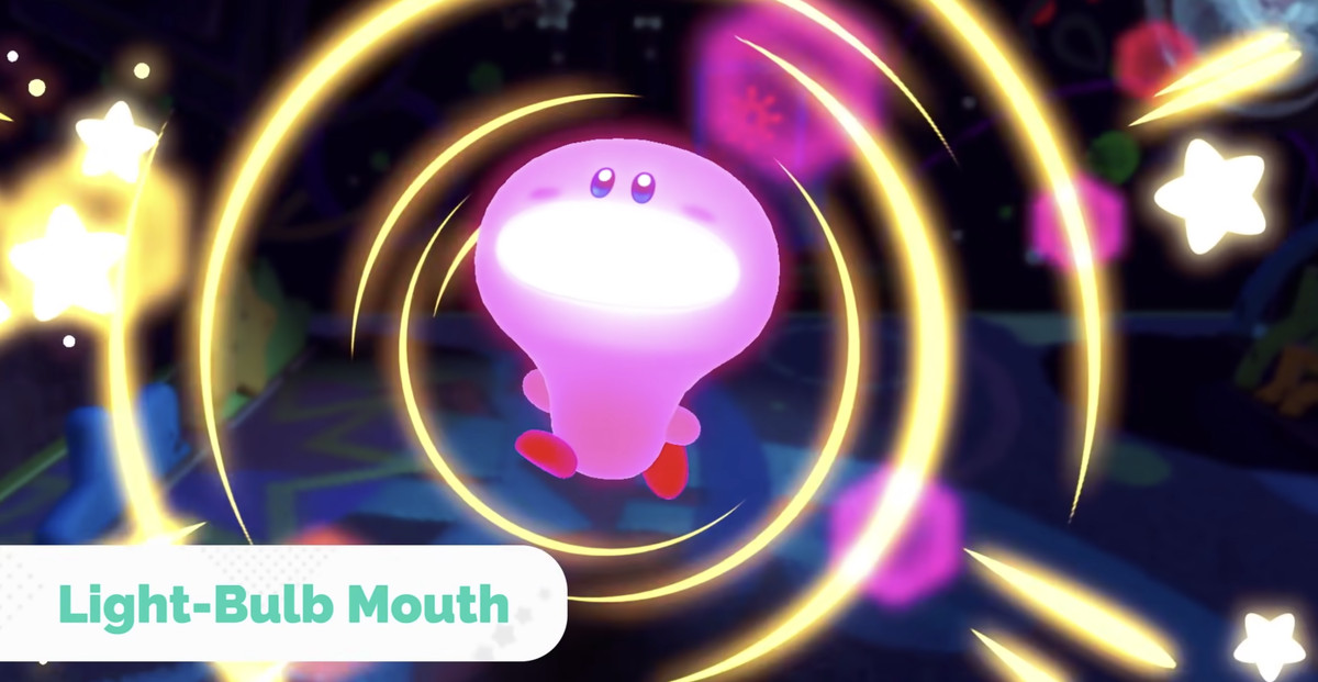 Kirby in modalità Mouthful, che sembra una lampadina gigante