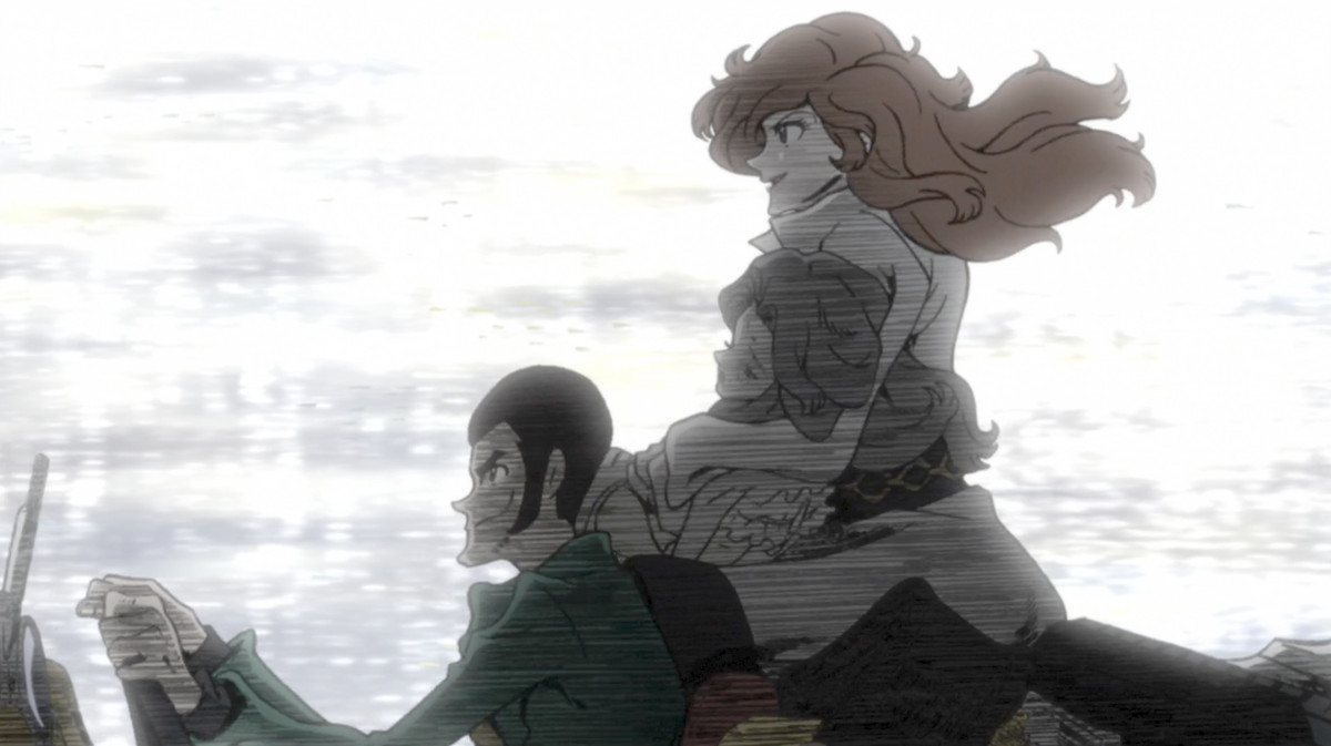 Fujiko tiene qualcuno mentre Lupin guida con lo sfondo piuttosto spazzato via