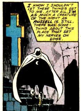 Il supereroe Moon Knight scende una spaventosa scala di pietra. Un riquadro narrativo recita “So che non dovrei lasciare che queste cose mi prendano cura. Dopotutto, sono una creatura della notte tanto quanto lo è Russell. Tuttavia, c'era qualcosa in questo posto che mi ha fatto innervosire