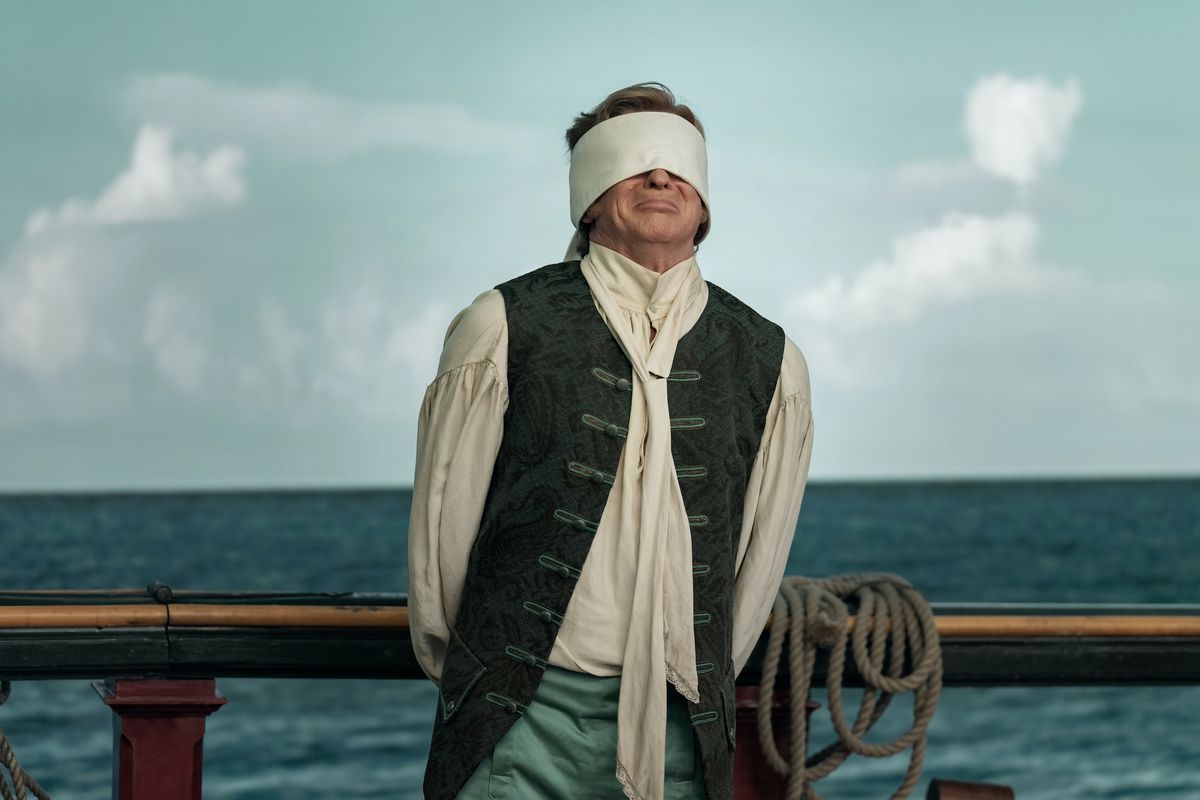 Stede Bonnet bendato e sussultando mentre aspetta di essere colpito