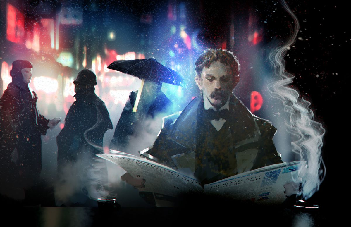 Un uomo elegante è seduto a leggere il giornale mentre una notte bagnata a Los Angeles gli gira intorno.