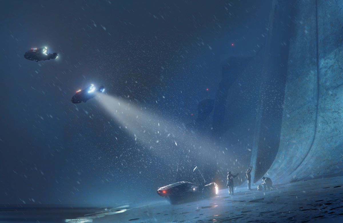 Le auto aeree puntano i riflettori lungo una costa futuristica. Un arresto è in corso mentre la marea si alza.