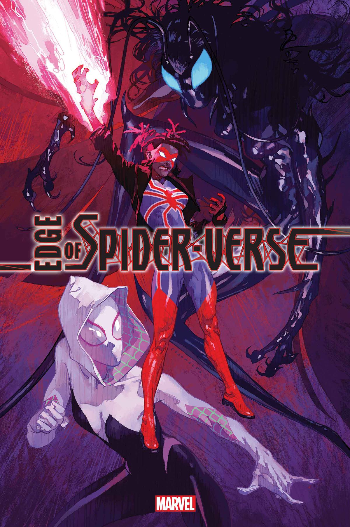Spider-Gwen, Spider-UK e un terzo, sconosciuto, più mutato Spider-Person posano sulla copertina di Edge of the Spider-Verse # 2 (2022).