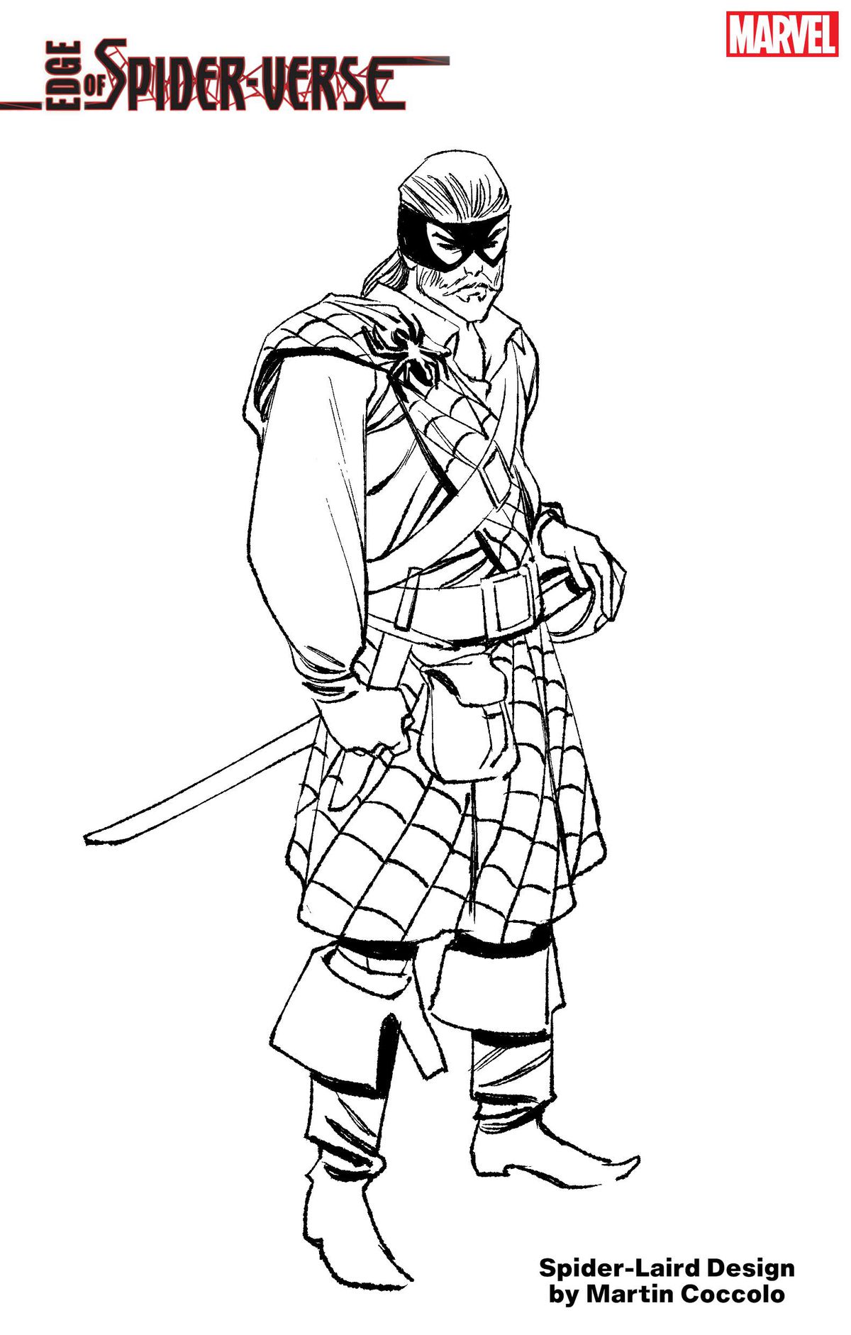 Un pass per il design del personaggio in bianco e nero per Spider-Laird, un uomo barbuto e dall'aspetto severo che indossa un kilt e una maschera di ragnatele, con una sciabola alla cintura.