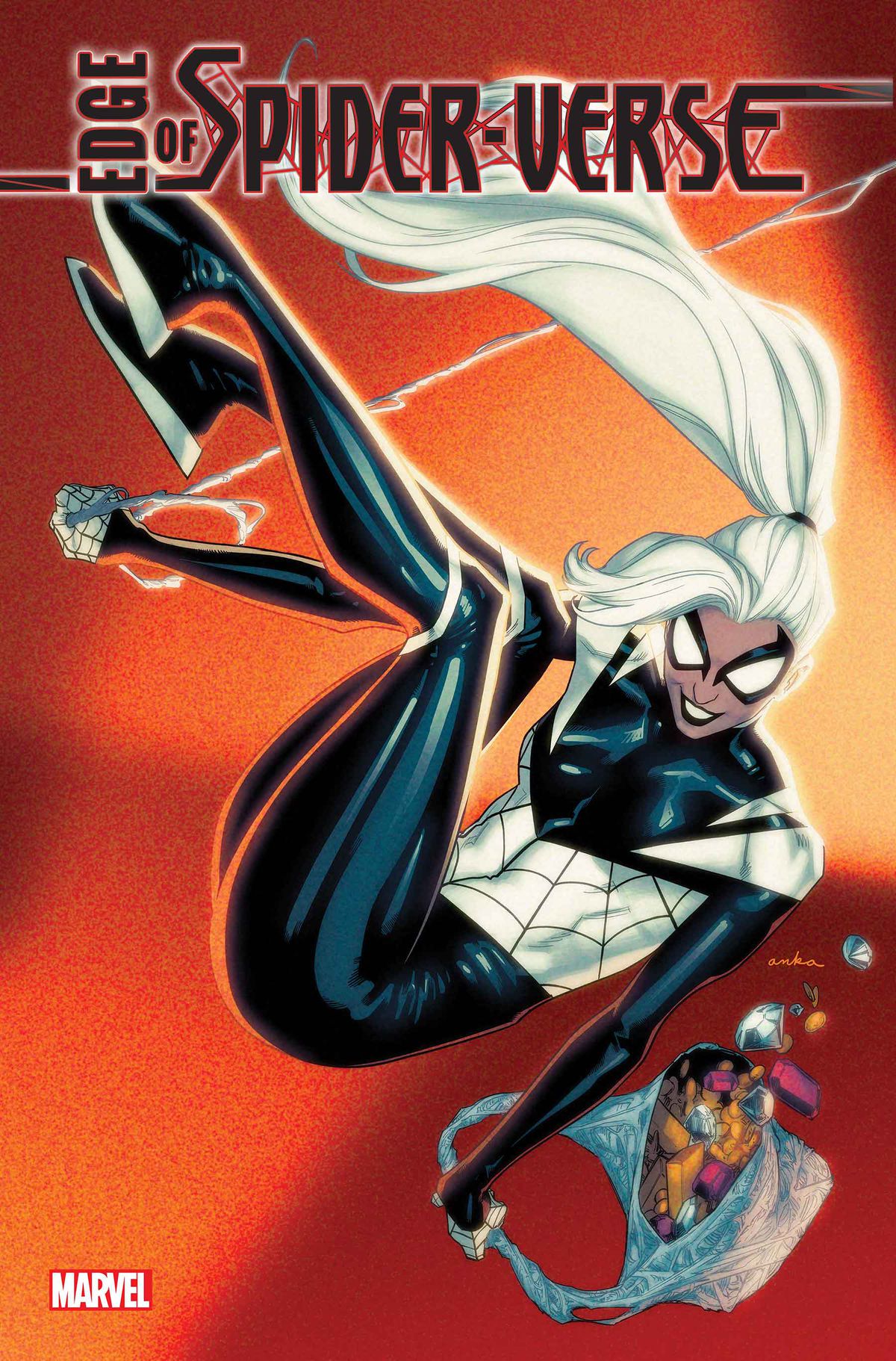 Felicia Hardy (di solito il gatto nero) passa con un costume di Spider-Man bianco e nero su una variante di copertina per Edge of Spider-Verse # 3 (2022).