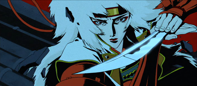 Cis stringe tra i palmi la metà superiore spezzata di una spada da samurai contro un cielo rosso sangue in Program, un cortometraggio di Animatrix.