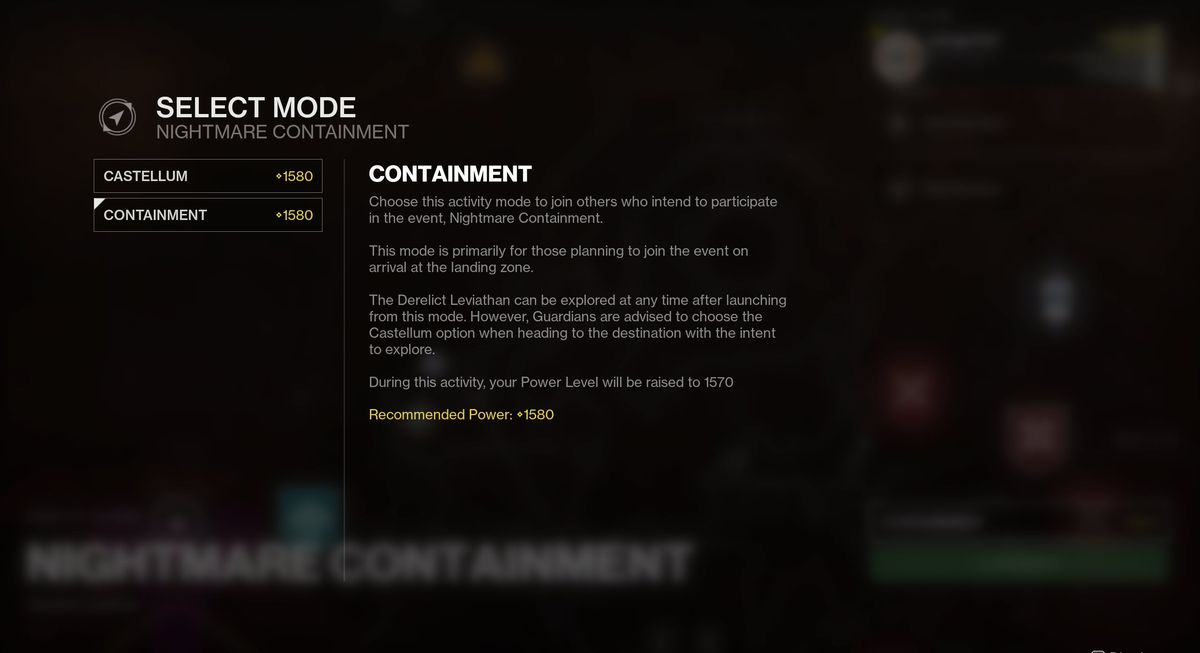 La modalità selezionata per il Leviatano abbandonato in Destiny 2: Season of the Haunted