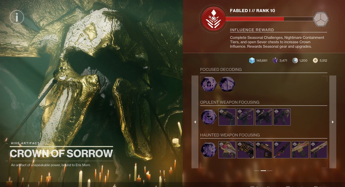 Tutte le armi si concentrano nell'inventario di Crown of Sorrow in Destiny 2: Season of the Haunted