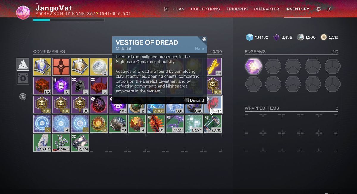 Vestigia di Terrore nell'inventario di un Guardiano in Destiny 2: Stagione degli Infestati