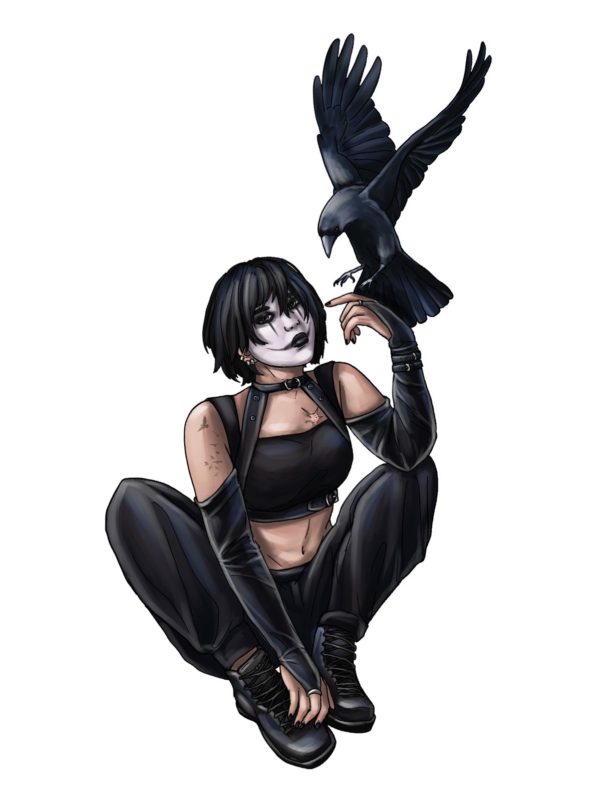 Una giovane donna con il viso dipinto e abiti neri tiene un corvo sulla mano tesa.