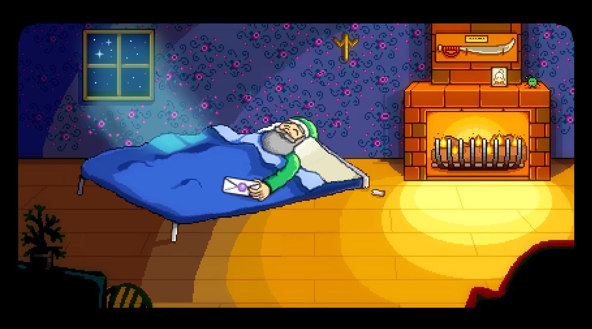 un nonno sdraiato a letto in un mod di Stardew Valley ma una gamba del letto è rotta. sembra scomodo.
