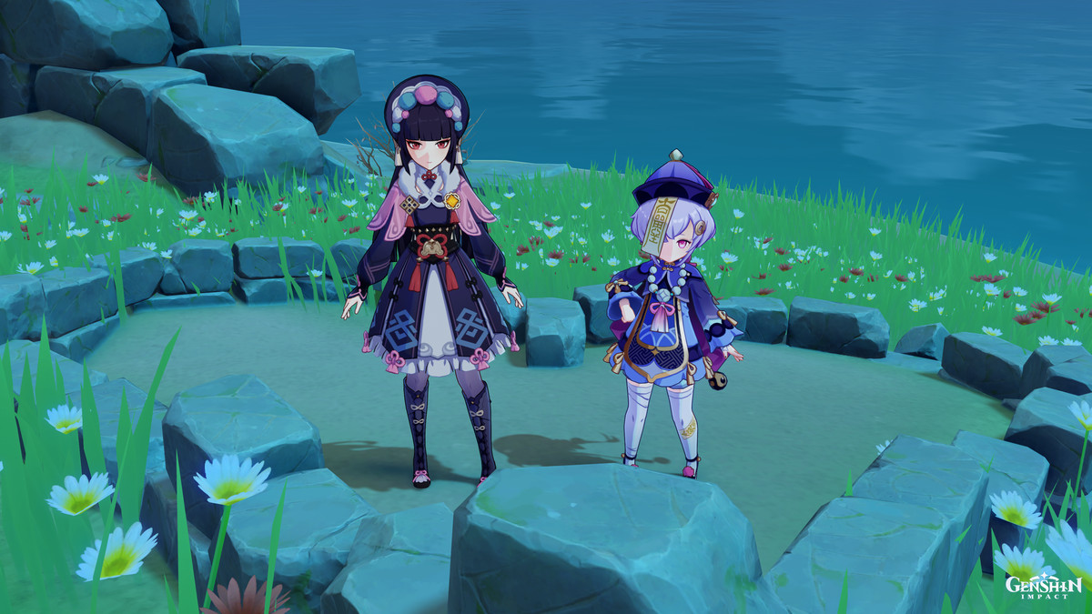 yun gin e qiqi si trovano in una formazione rocciosa a forma di cuore nell'impatto del genshin