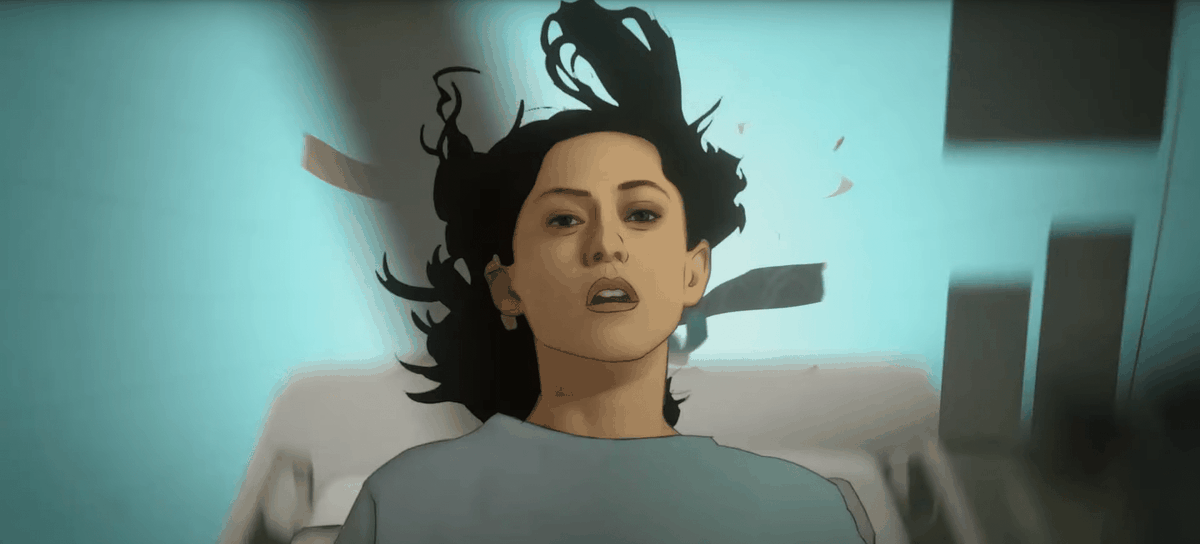 l'animazione annullata diventa surreale mentre rosa salazar fluttua nel nulla blu