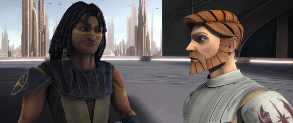Quinlan Vos e Obi-Wan Kenobi su Coruscant in Guerre dei Cloni. Obi-Wan indossa le tradizionali vesti Jedi, mentre Quinlan indossa un'armatura più scura e mista.
