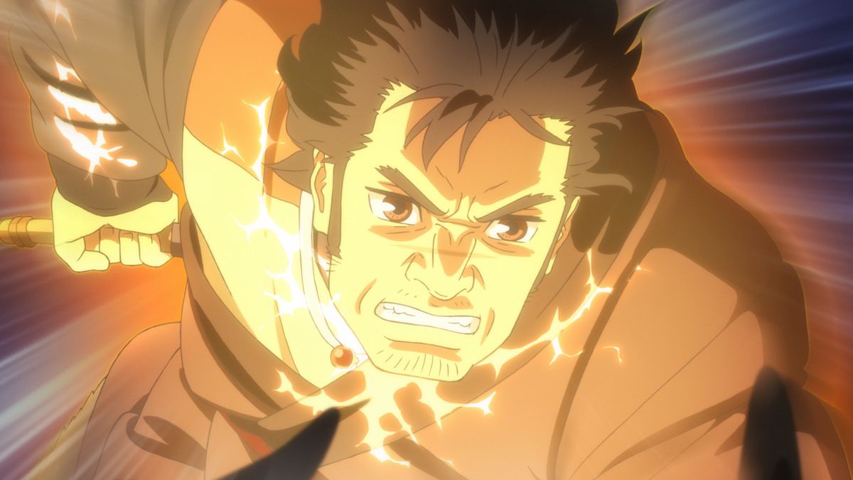 Un uomo ringhioso che scoppietta di energia dorata si carica verso la telecamera in The Deer King