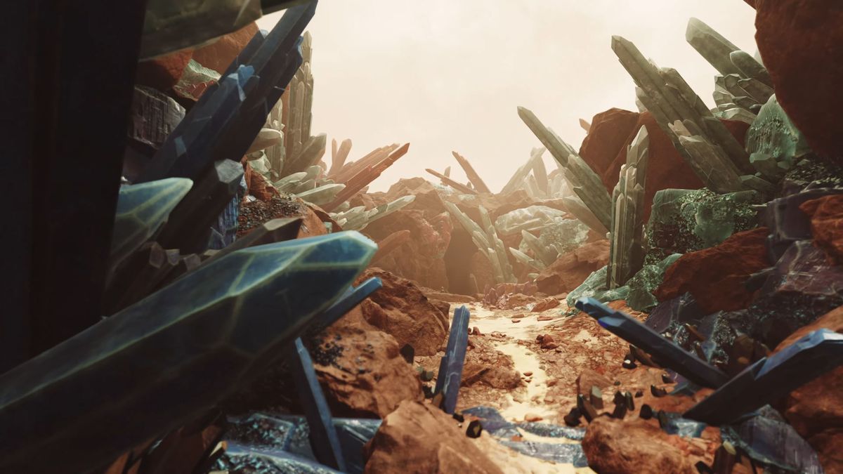 I frammenti cristallini si estendono dalla terra rossa.