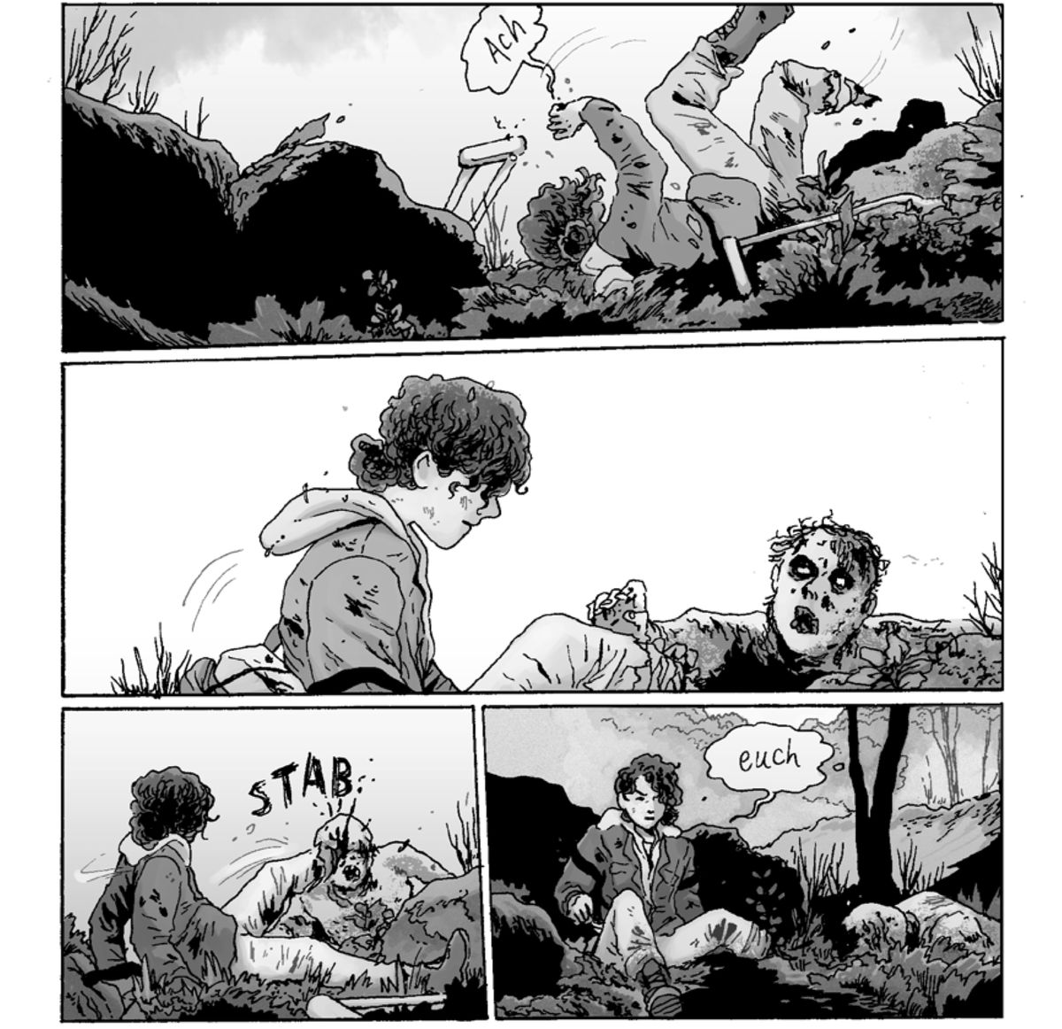 Clementine, inciampa all'indietro mentre la sua gamba di legno si spezza, lasciando cadere le stampelle.  Mentre si siede nel.  pannello successivo, un Walker prono tende una mano in decomposizione per lei.  Lo pugnala in faccia con il suo piolo rotto e, una volta morto, dice semplicemente 