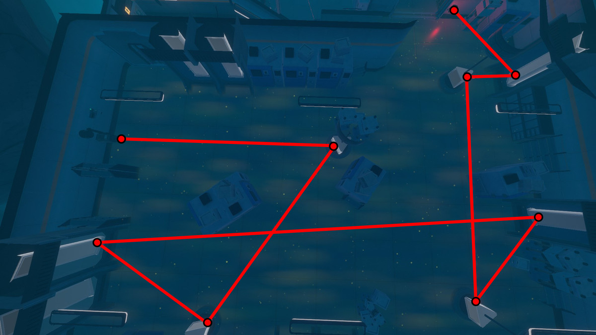 Un diagramma a volo d'uccello di quale direzione sparare ai laser in Raft