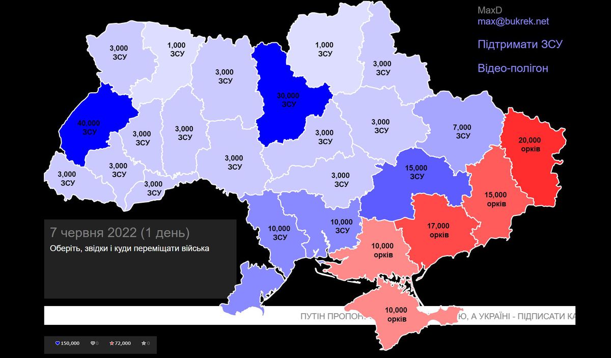 Una mappa dell'Ucraina piena di numeri, codificati a colori da chi controlla ogni provincia.