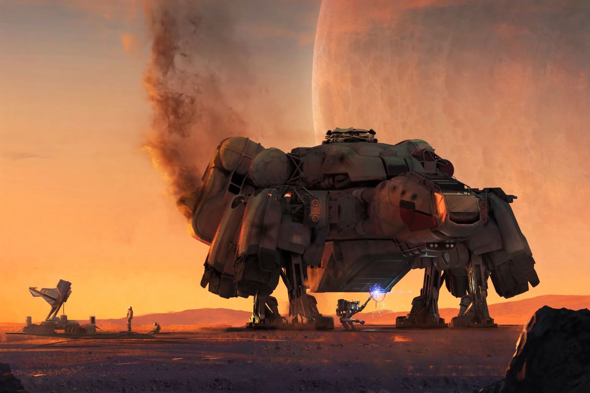 Su un pianeta lontano, mentre una luna gigante tramonta, un astronauta solitario rivolge gli occhi al cielo.  Nel frattempo, un robot salda lo scafo della loro nave.