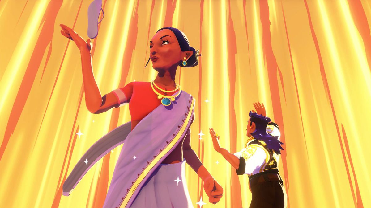 La mamma di Jala gigantesca, con in mano un sandalo, in piedi accanto a un Sergio dall'aspetto intimidito.