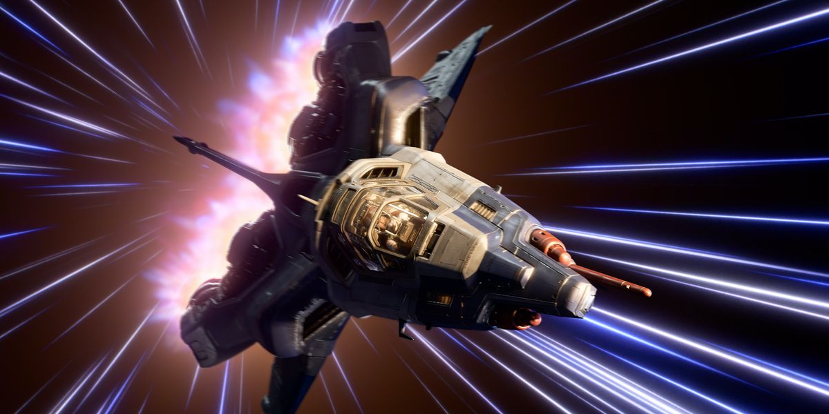 La nave di Buzz Lightyear sfreccia nello spazio alla velocità della luce, circondata da strisce di luce, in Lightyear