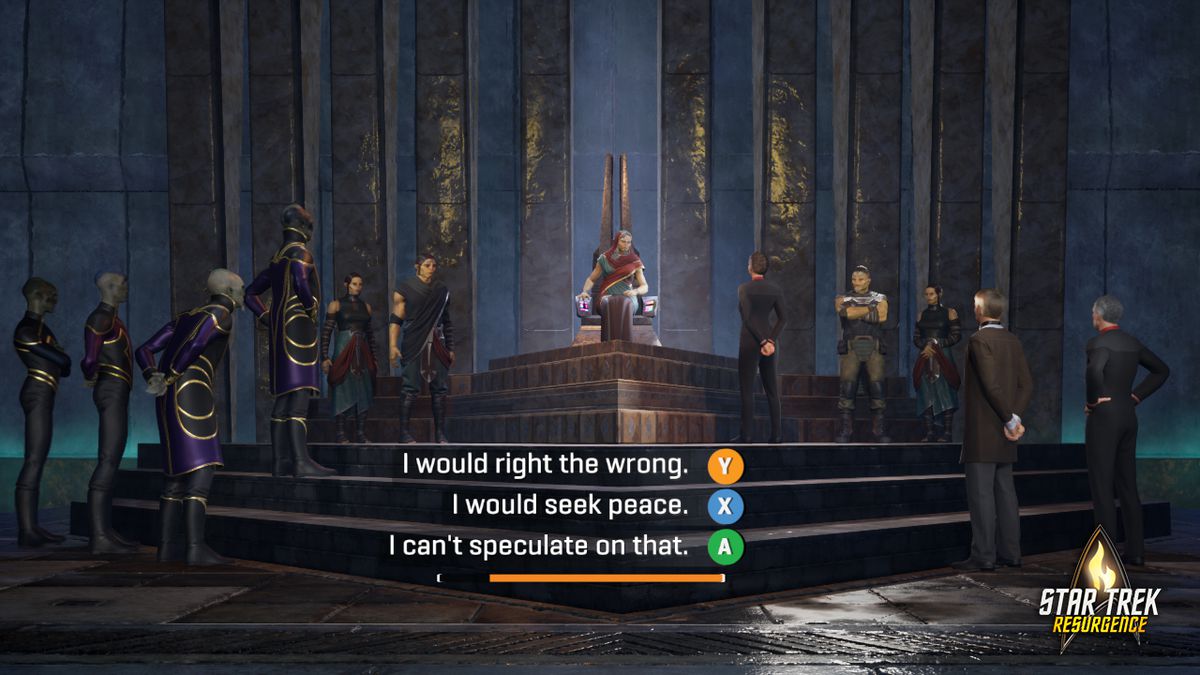 I negoziatori della Flotta Stellare parlano a un gruppo di alieni in una schermata di dialogo di Star Trek: Resurgence.