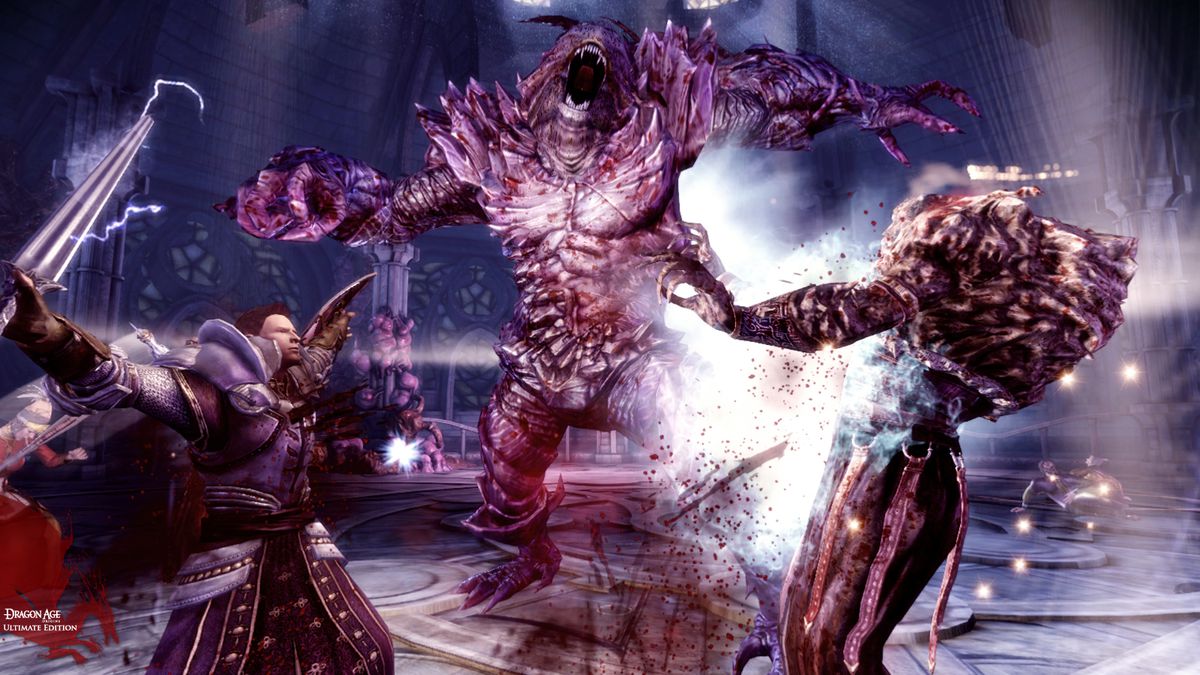 Dragon Age Origins: Alistair e i Custodi Grigi combattono una mostruosa Prole Oscura.