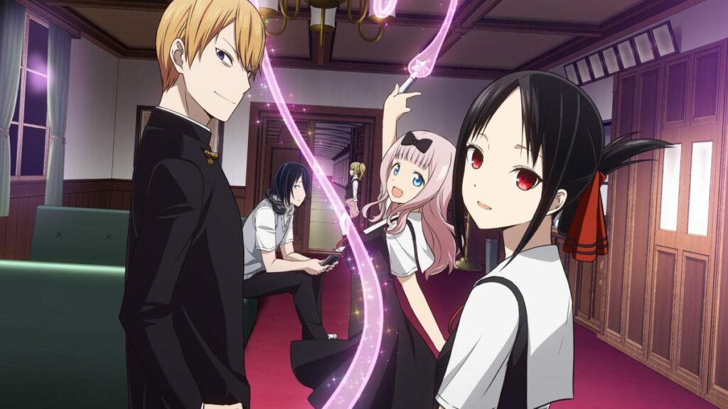 (LR) Miyuki Shirogane, Yu Ishigami, Ai Hayasaka, Chika Fujiwara e Kaguya Shinomiya in Kaguya-sama: Love Is War -Ultra Romantic- (2022)