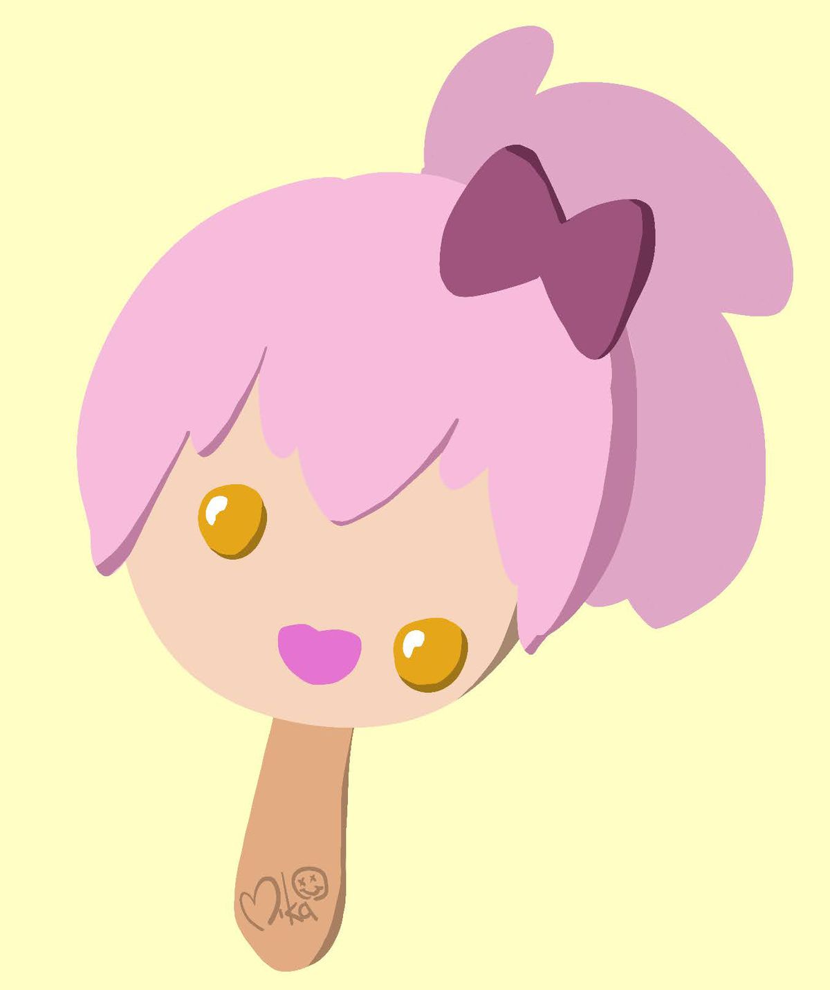 un ghiacciolo di una ragazza dai capelli rosa con fiocco e coda di cavallo. Uno dei suoi occhi arancioni a palla di gomma è leggermente di traverso.