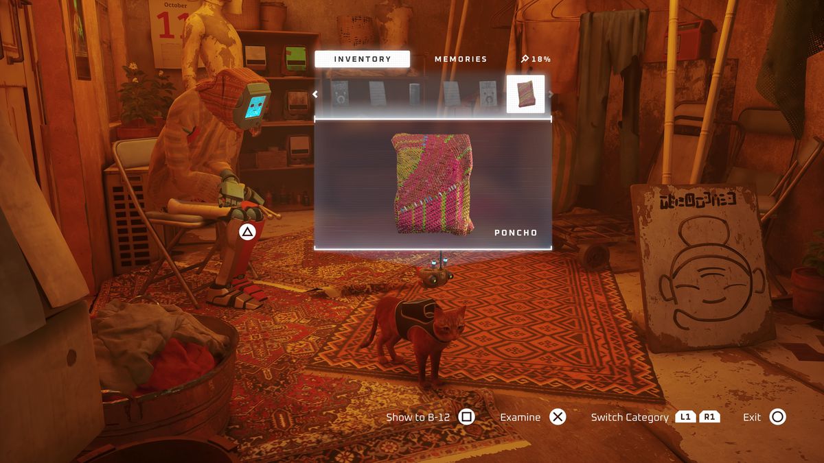 Un gatto raccoglie un poncho da un vecchio robot a Stray