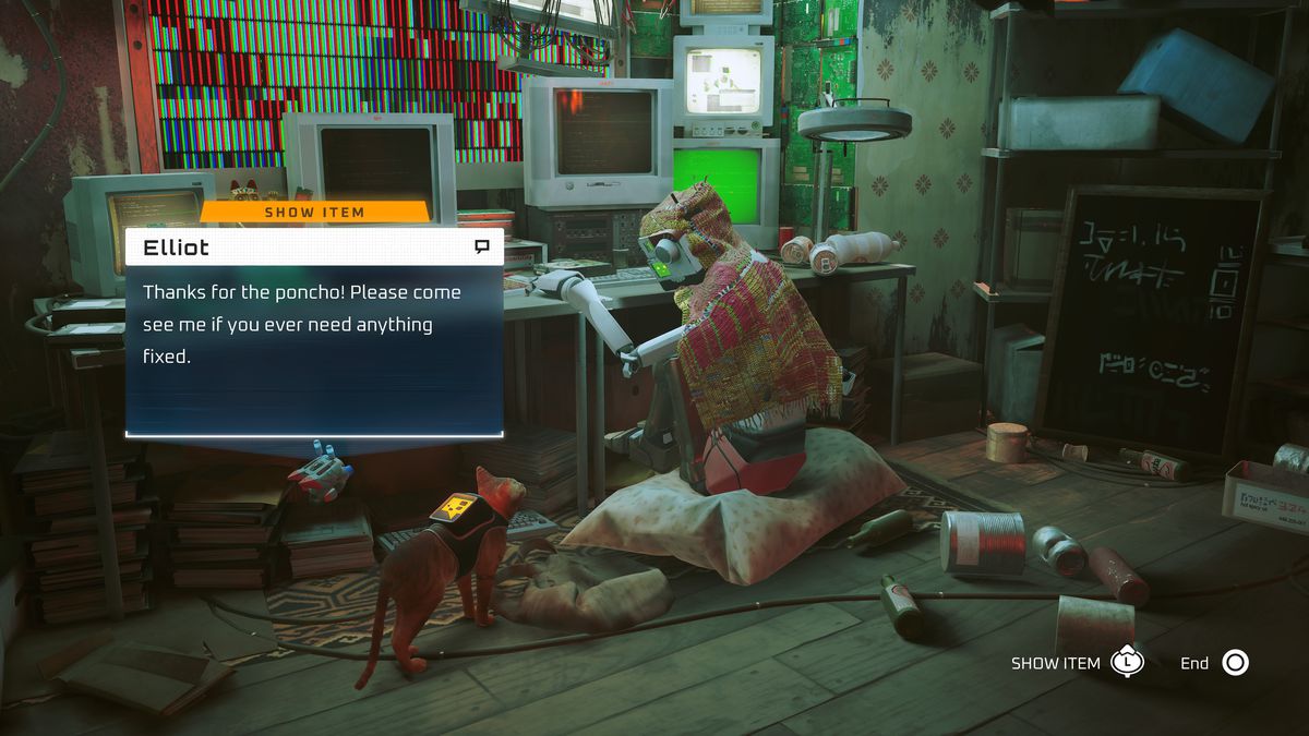 Un gatto consegna un poncho a un robot freddo a Stray