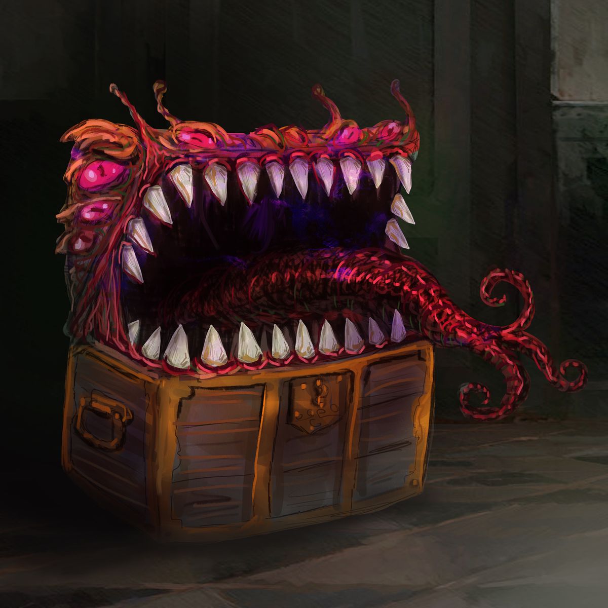 Un mimico multi-occhio che salta dal nascondiglio come uno scrigno del tesoro.