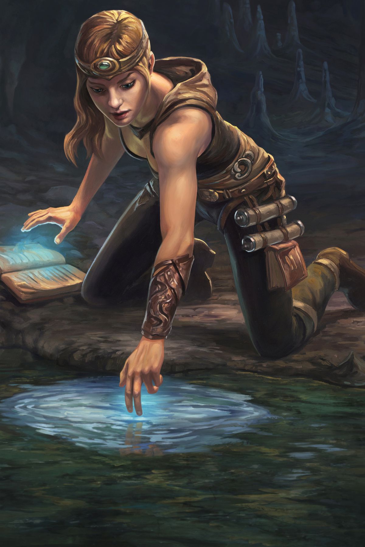 Un'opera d'arte intitolata Underground Magic mostra un incantatore che usa un libro e una pozza d'acqua stagnante per lanciare un incantesimo. Ha delle pergamene e un altro libro appeso alla cintura.